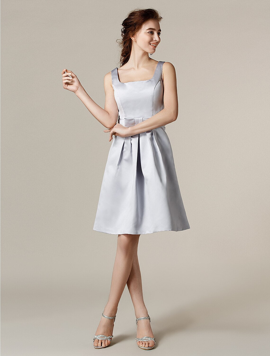 Luolandi A-Line Bridesmaid Dress Square Neck Sleeveless Knee Length Satin with Sash / Ribbon